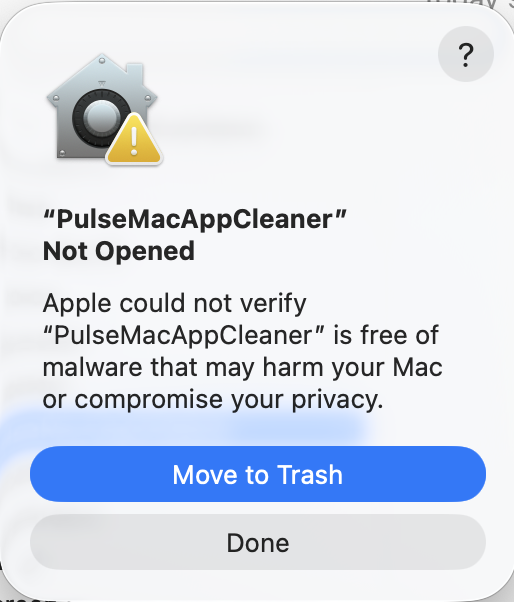 macOS warning that Apple could not verify PulseMacAppCleaner