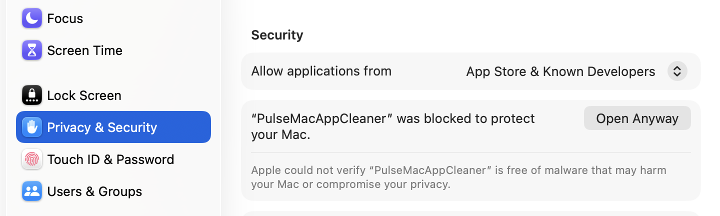 Open Anyway button for PulseMacAppCleaner in macOS Privacy and Security settings
